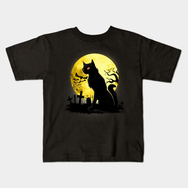 Full moon and black cat dark atmosphere in a scary cemetery Kids T-Shirt by Collagedream